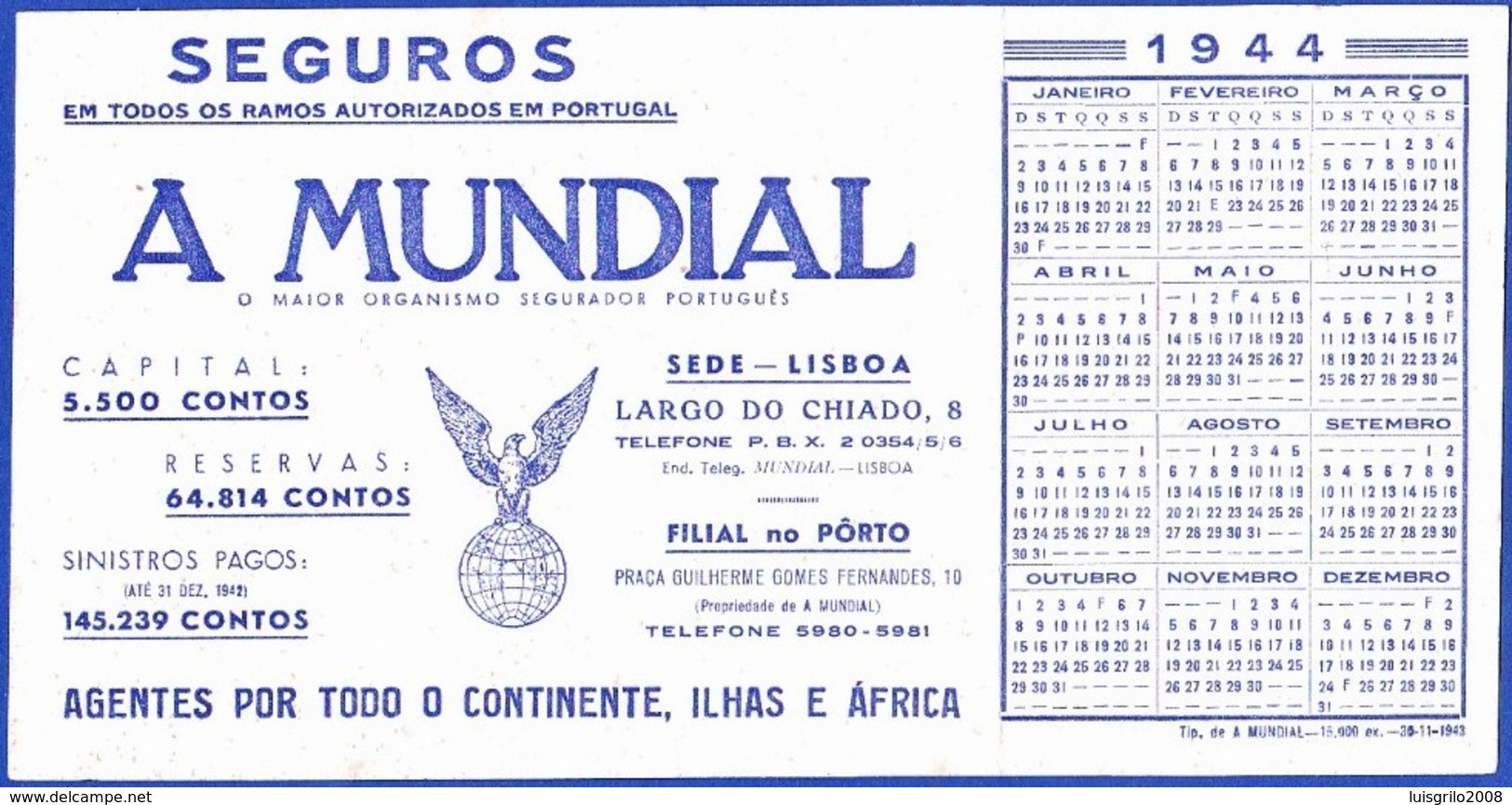 Advertising Card/ Calender - A Mundial, Compnhia De Seguros / Lisboa E Porto - 1944 - Publicidad