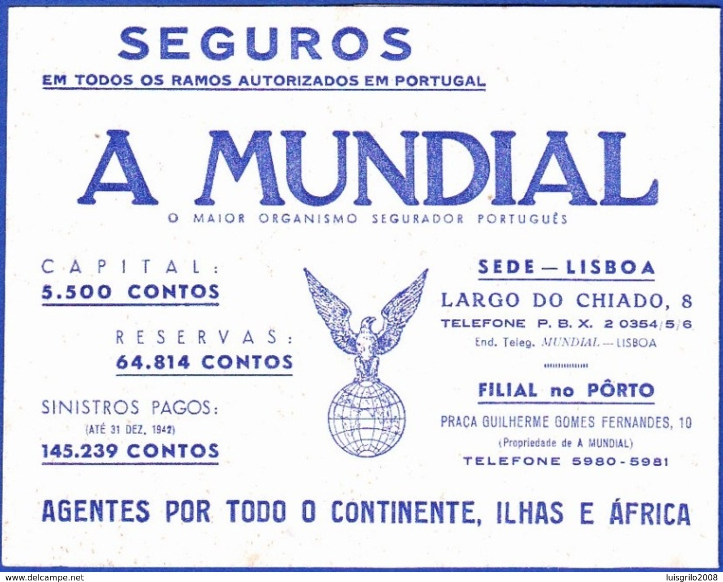 Advertising Card/ Calender - A Mundial, Compnhia De Seguros / Lisboa E Porto - 1944 - Publicidad