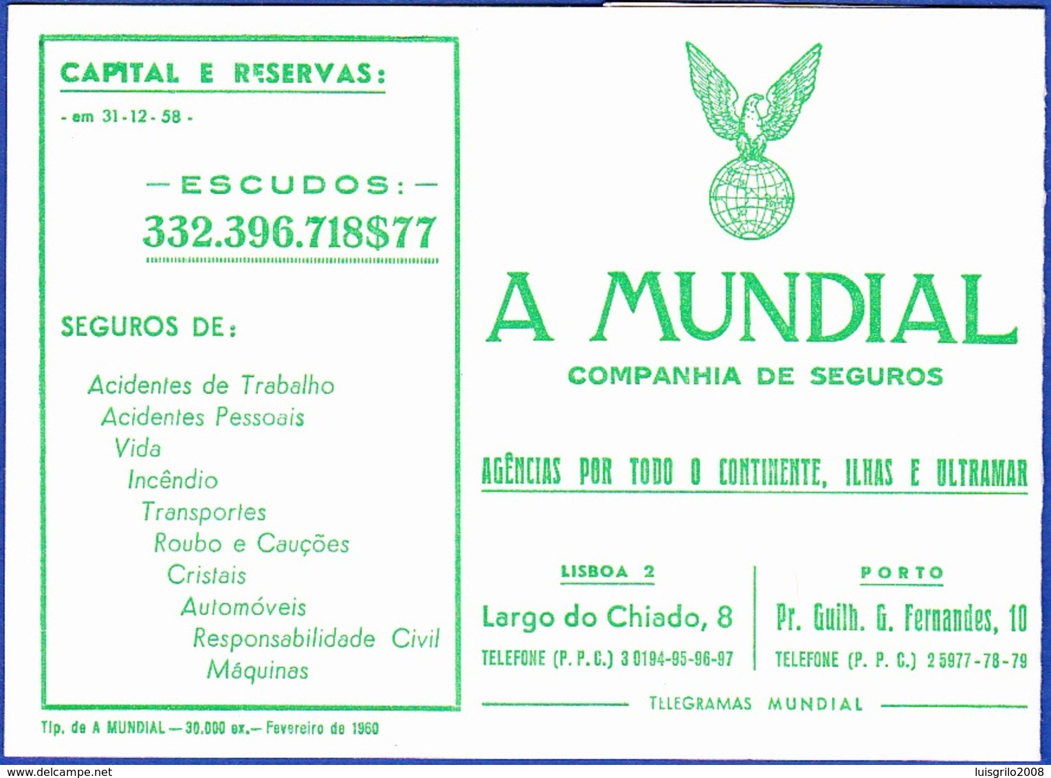 Advertising Card/ Calender - A Mundial, Compnhia De Seguros / Lisboa E Porto - 1960 - Publicidad