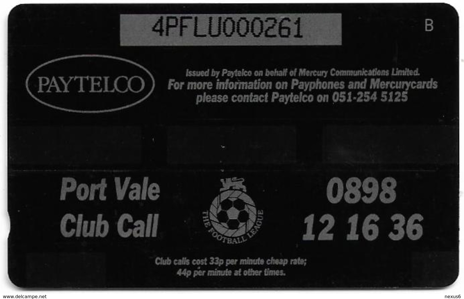 UK (Paytelco) - Football Clubs - Port Vale Logo - 4PFLU, 1.900ex, Used - [ 4] Mercury Communications & Paytelco