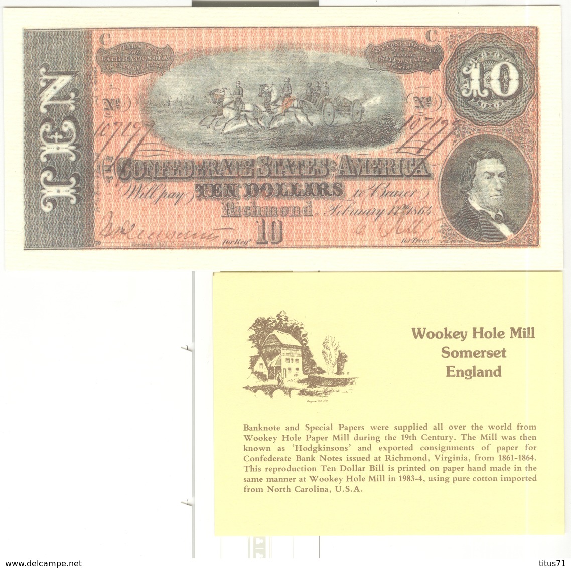 Billet 10 Dollars Confederated States - Reproduction  WooKey Hole Mill Somerset England - Exonumia - Divisa Confederada (1861-1864)