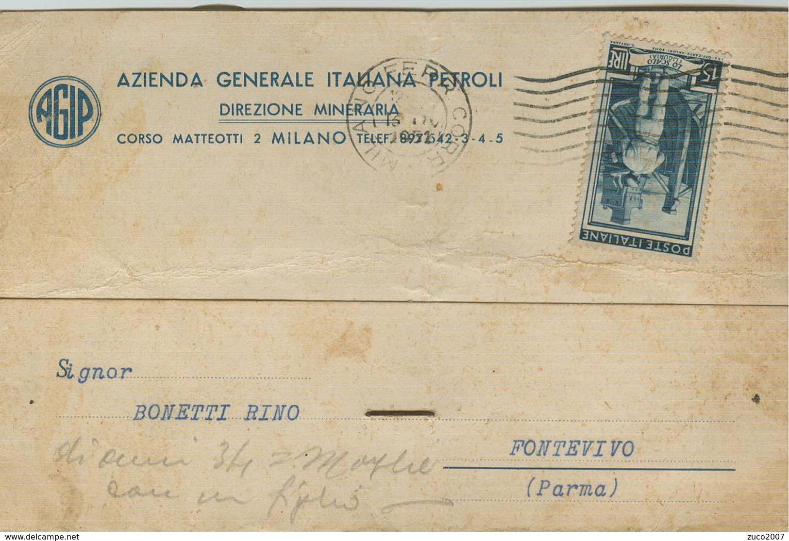 "AGIP" AZIENDA GENERALE ITALIANA PETROLI,MILANO, CARTOLINA COMMERCIALE, 1951,TIMBRO POSTE MILANO - Historical Documents