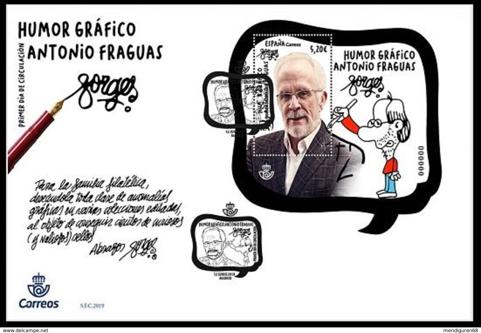 ESPAGNE SPANIEN SPAIN ESPAÑA 2019 M/S GRAPHIC HUMOUR ANTONIO FRAGUAS: FORGES FDC ED HB5324 MI B323-5356 YT F5063 - Briefe U. Dokumente