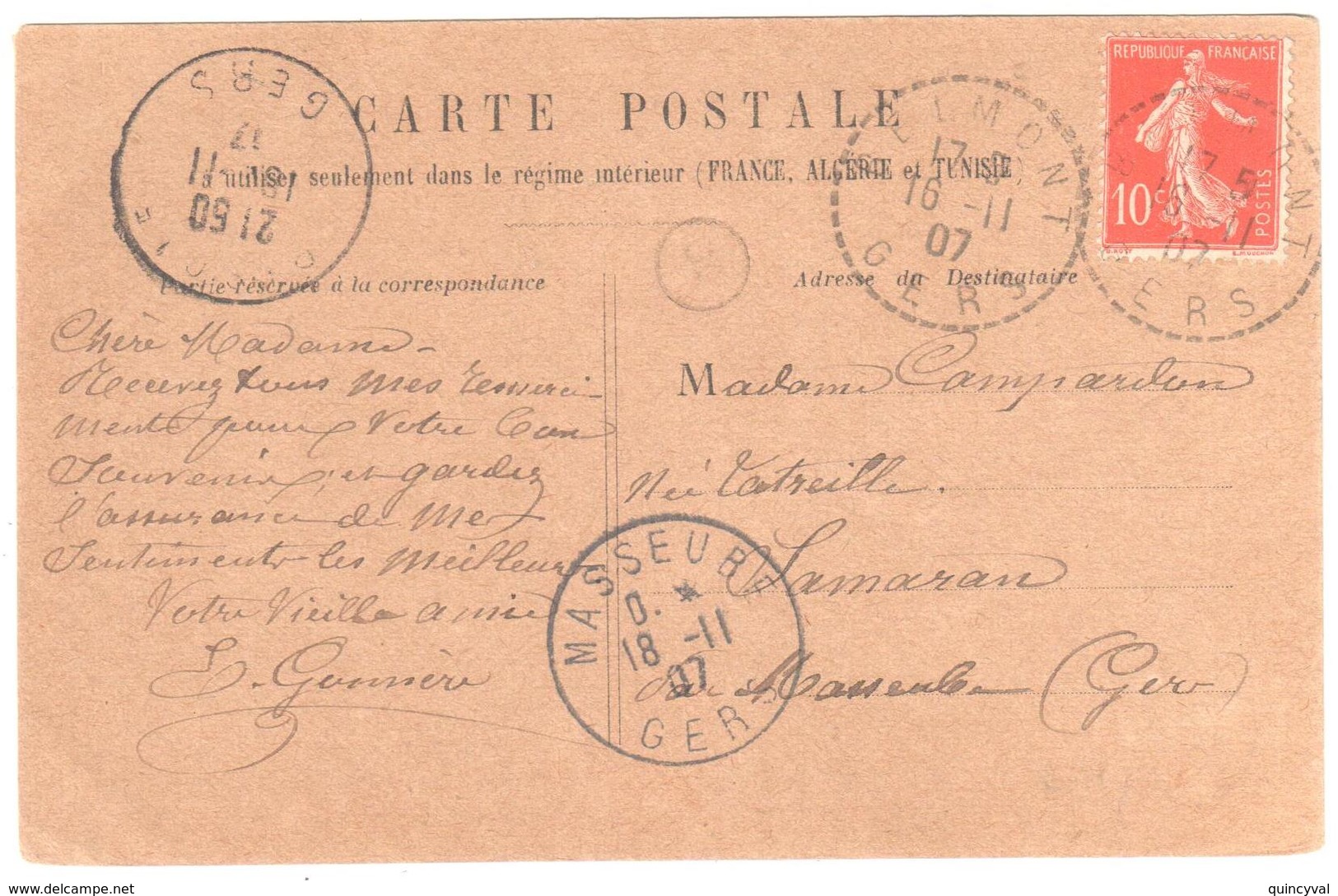 BELMONT Gers Carte Postale 10c Semeuse Yv 138 Ob 16 11 1907 Dest Masseube Griffe Facteur Recette Distribution Lautier B4 - 1877-1920: Semi-Moderne