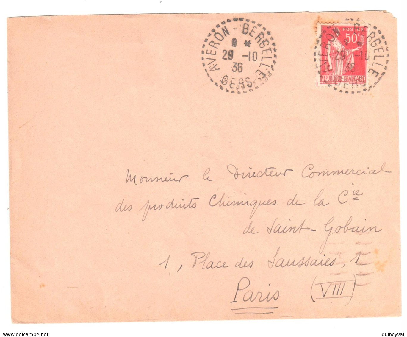 AVERON -BERGELLE Gers Lettre 50 C Paix Rouge Yv  283 Ob 1936 Recette Distribution Lautier B4 - 1877-1920: Periodo Semi Moderno