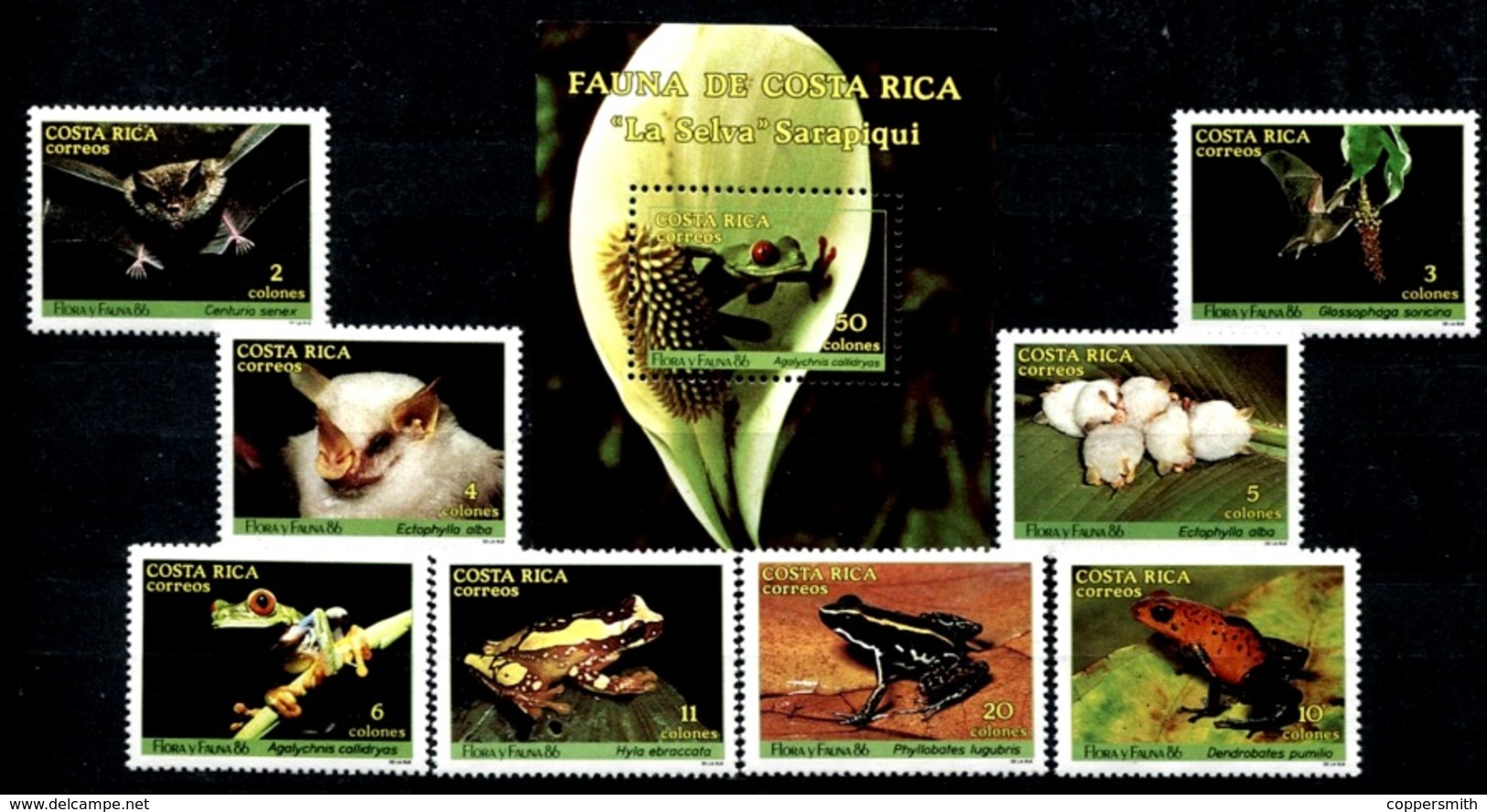 (036-37) Costa Rica  / Fauna / Bats And Frogs / 1986 / Animals / Animaux / Tiere  ** / Mnh  Michel 1314-21 + BL 13 - Costa Rica