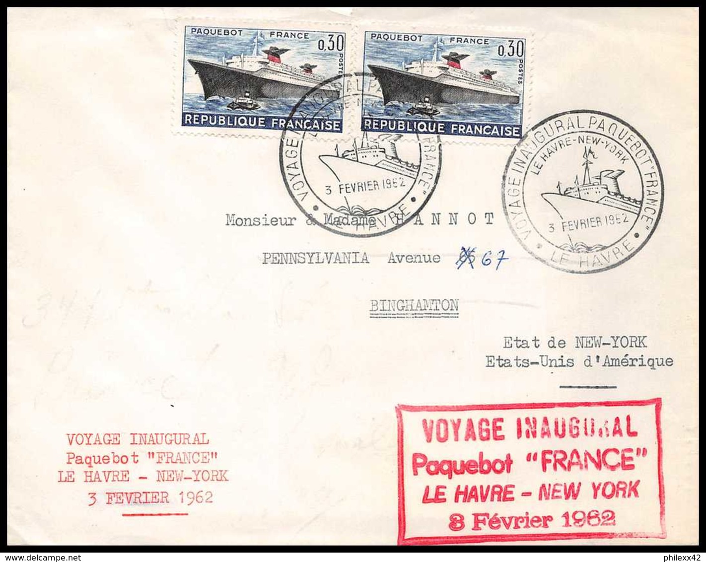 7731 Voyage Inaugural Du Paquebot France 1952 Binghamton Usa Poste Navale Militaire France Lettre (cover) - Gedenkstempel