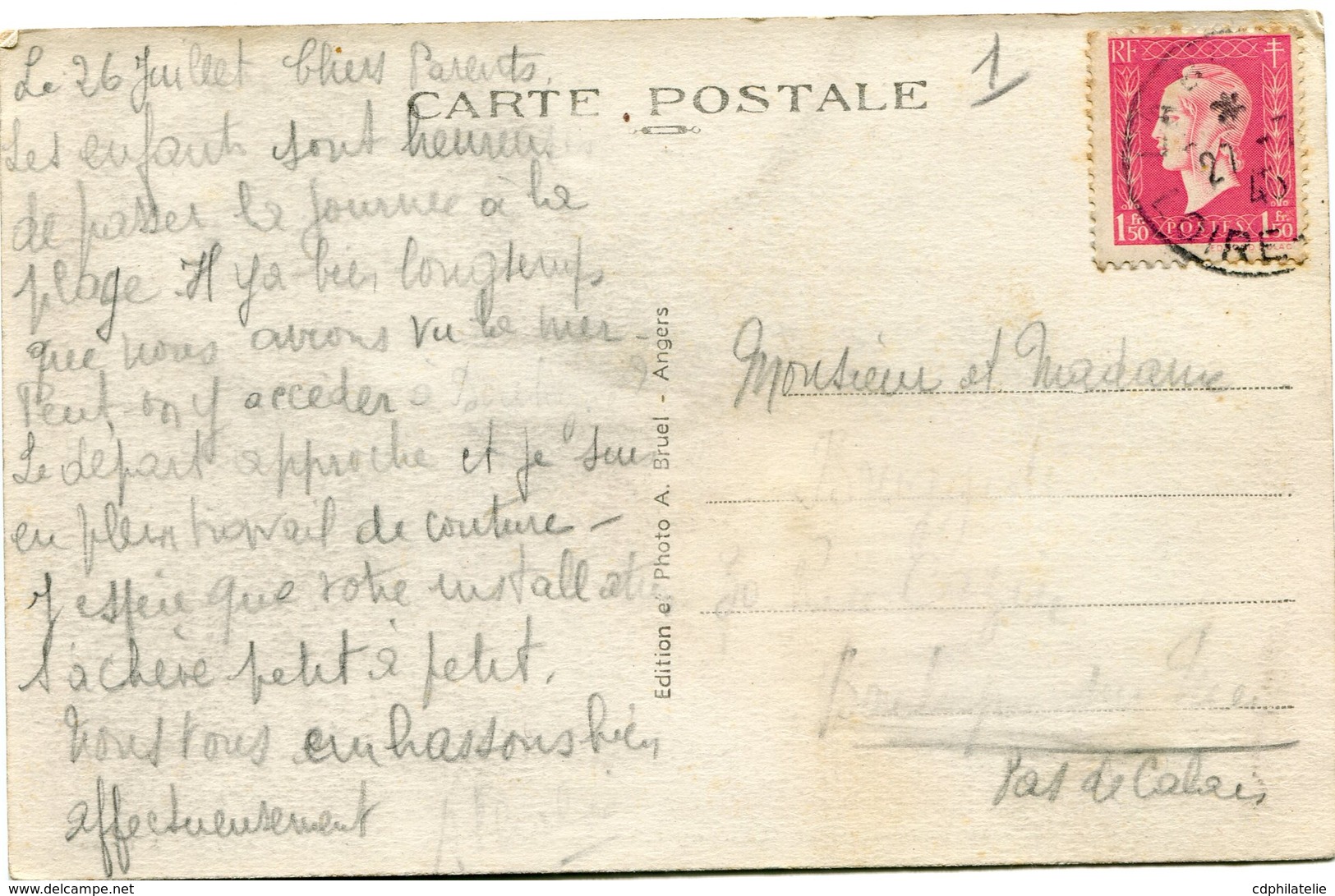 FRANCE CARTE POSTALE DEPART LA BAULE S/MER 27-7-45 POUR LA FRANCE - 1944-45 Maríanne De Dulac