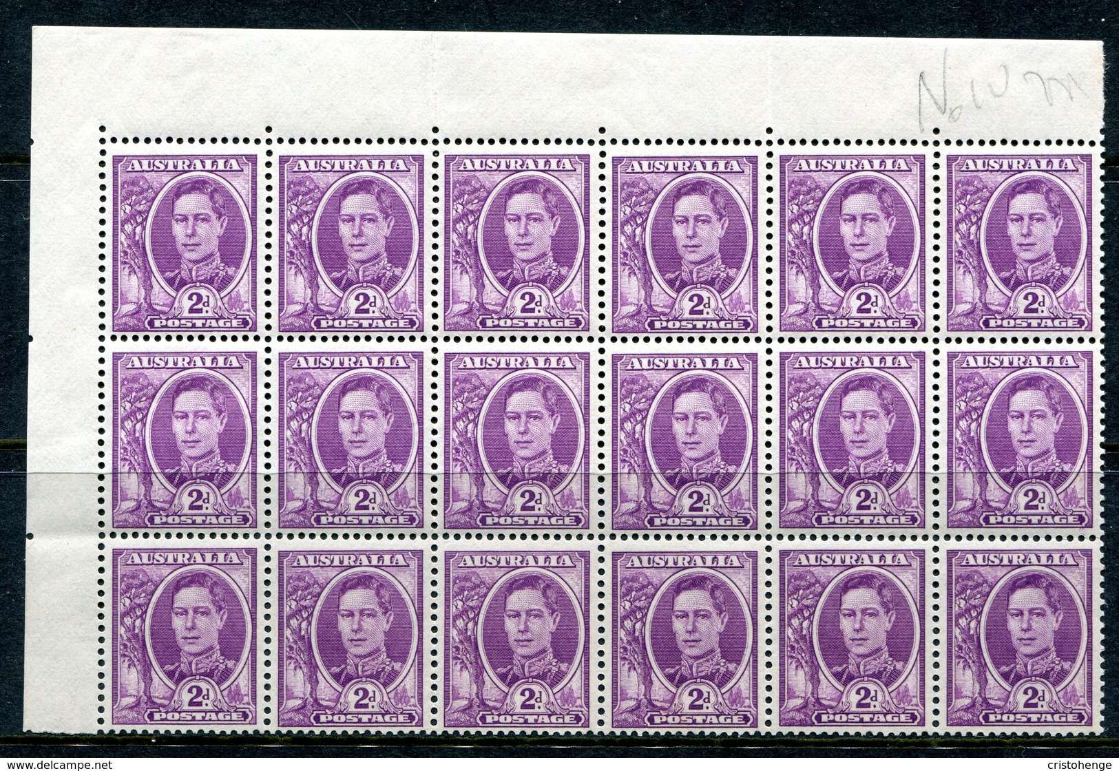 Australia 1948-56 Definitives - No. Wmk. - 2d King George VI Block Of 18 MNH/HM (SG 230) - Nuovi