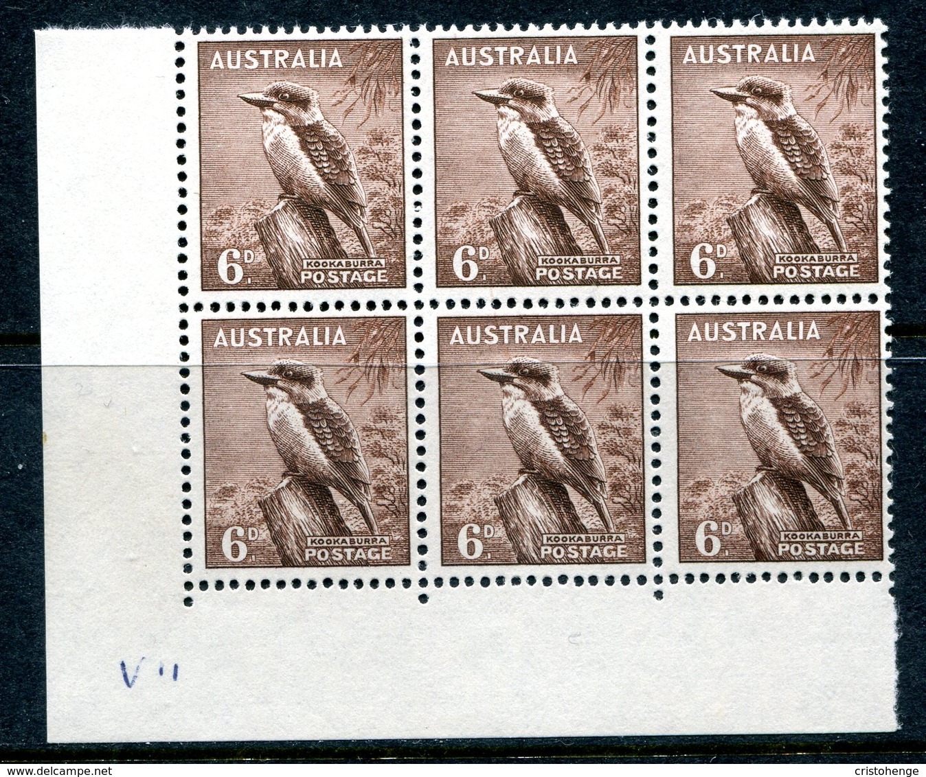 Australia 1948-56 Definitives - No. Wmk. - 6d Kookaburra Block Of 6 MNH (SG 230b) - Mint Stamps