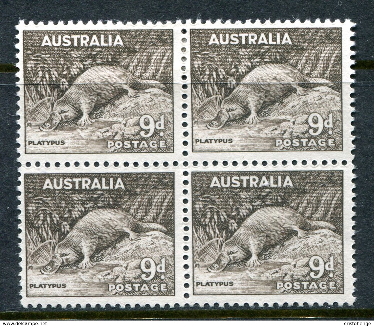 Australia 1948-56 Definitives - No. Wmk. - 9d Platypus Block Of 4 HM (SG 230c) - Mint Stamps