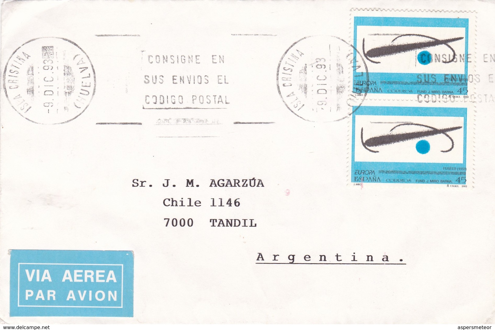 1993 COVER CIRCULEE SPAIN TO ARGENTINE, TANDIL. STAMP A PAIR, BANDELETA PARLANTE - BLEUP - Cartas & Documentos