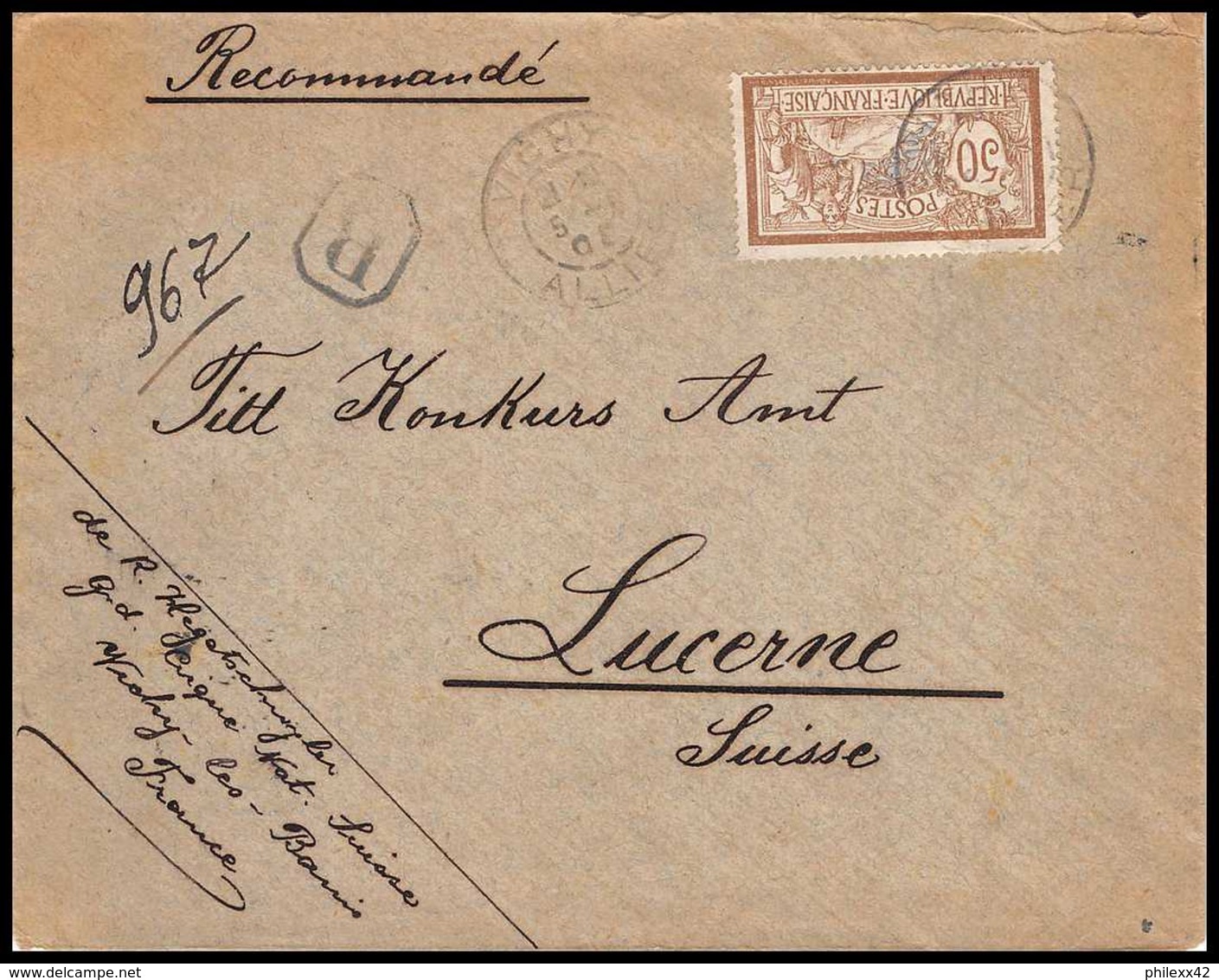 9172 N°120 Merson 50c Vichy Allier 1903 Lucerne Suisse France Lettre Recommande France Lettre Cover - 1877-1920: Période Semi Moderne