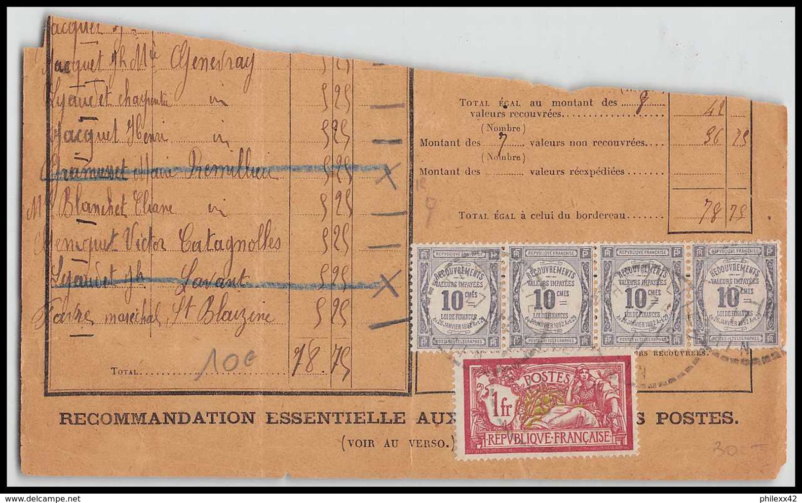 9180 N°121 1f + Taxe 44 Bande 4 Merson 1917 France Fragment De Lettre Cover - 1877-1920: Période Semi Moderne