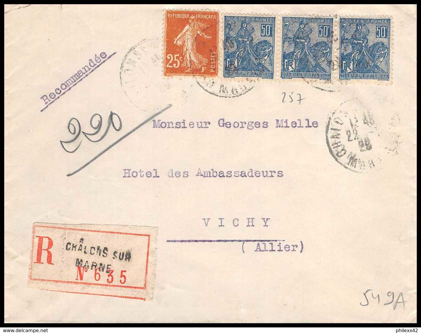 9374 N°257 Jeanne D'arc X3 + 235 Chalons Sur Marne Vichy Allier 1928 France Lettre Recommande Cover - 1921-1960: Modern Period