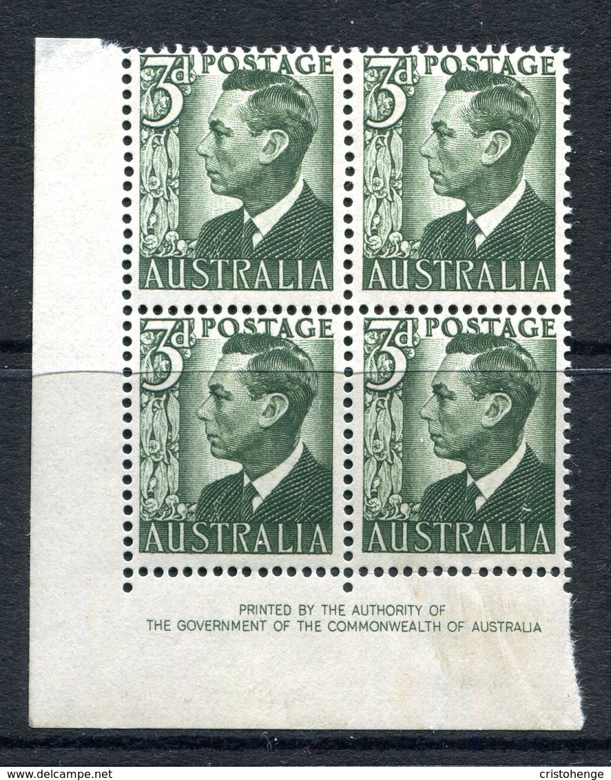 Australia 1950-52 KGVI Definitives - 3d King George VI (No Wmk.) Block Of 4 MNH (SG 237d) - Nuovi