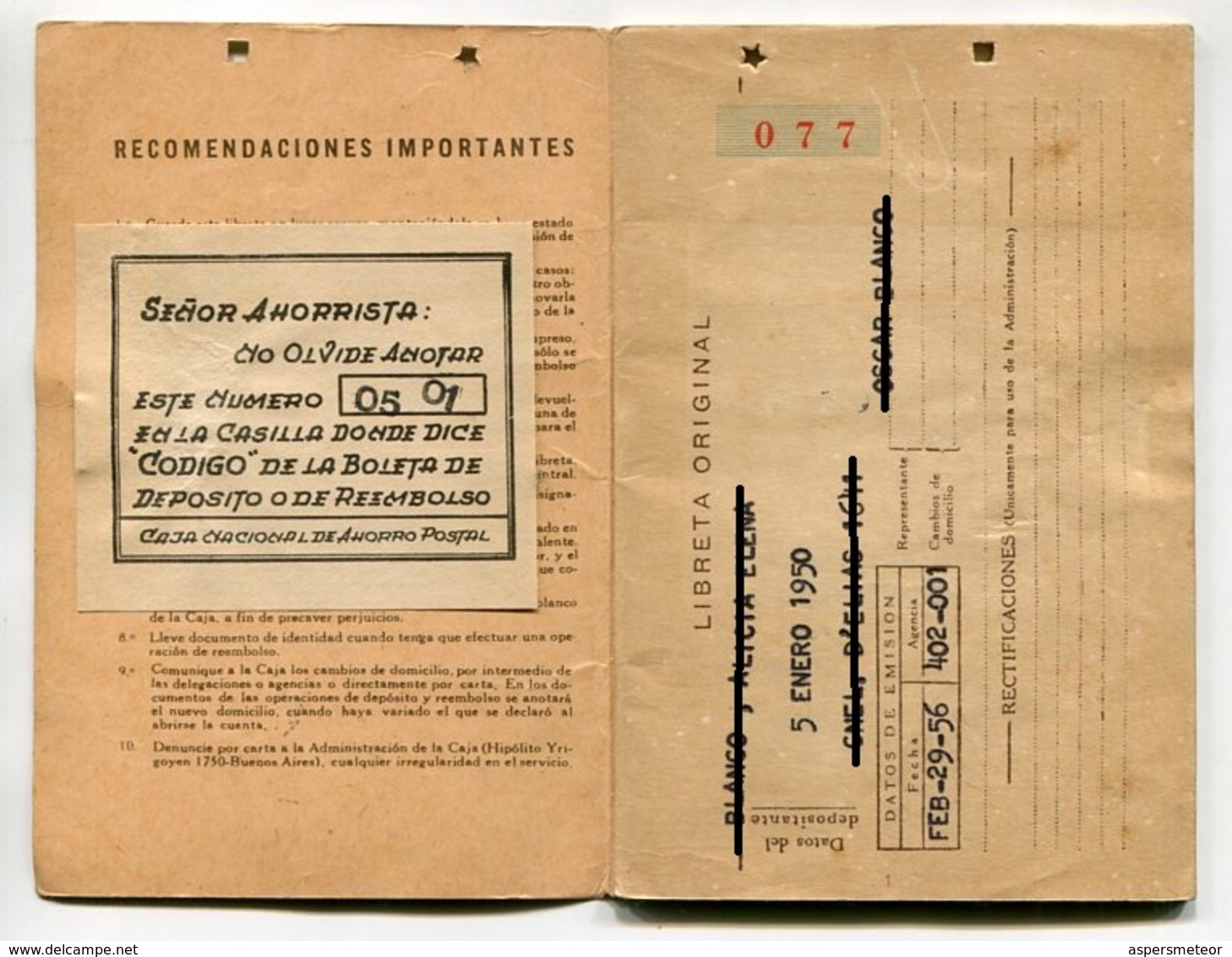 LIBRETA DE AHORRO - CAJA NACIONAL DE AHORRO POSTAL, ARGENTINA AÑO 1956, CON SELLOS FISCALES Y MATASELLOS - LILHU - Otros & Sin Clasificación