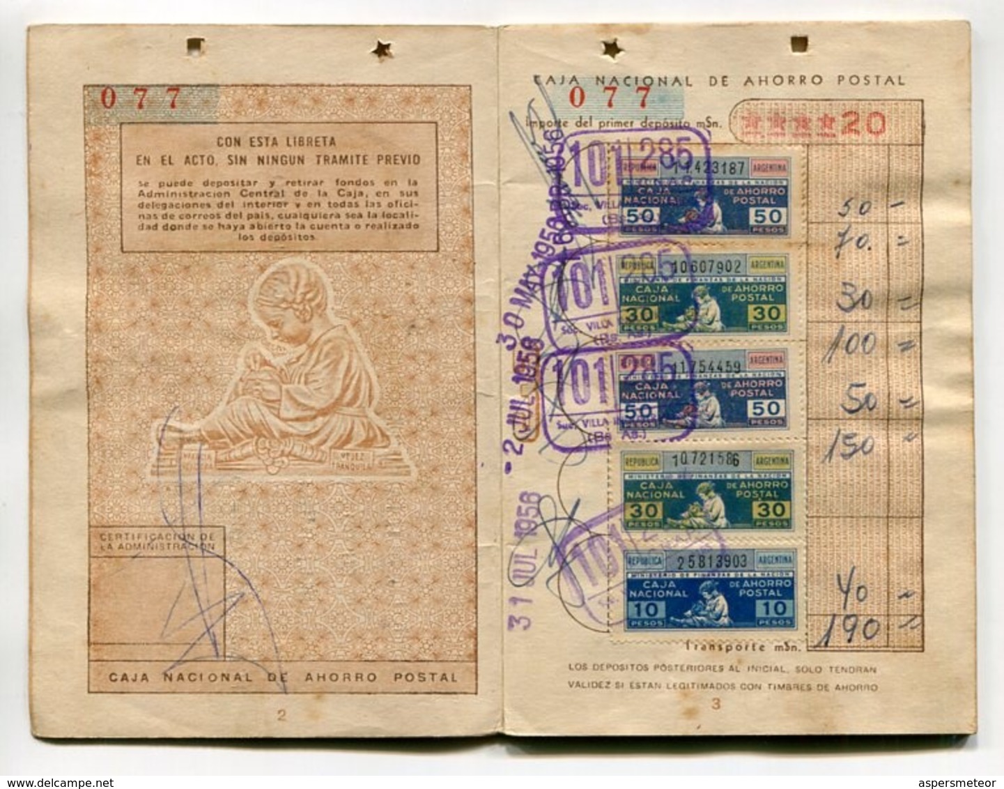 LIBRETA DE AHORRO - CAJA NACIONAL DE AHORRO POSTAL, ARGENTINA AÑO 1956, CON SELLOS FISCALES Y MATASELLOS - LILHU - Otros & Sin Clasificación