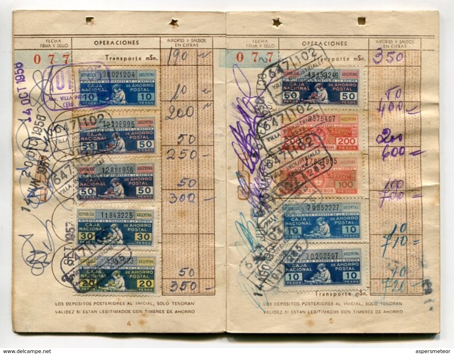 LIBRETA DE AHORRO - CAJA NACIONAL DE AHORRO POSTAL, ARGENTINA AÑO 1956, CON SELLOS FISCALES Y MATASELLOS - LILHU - Otros & Sin Clasificación