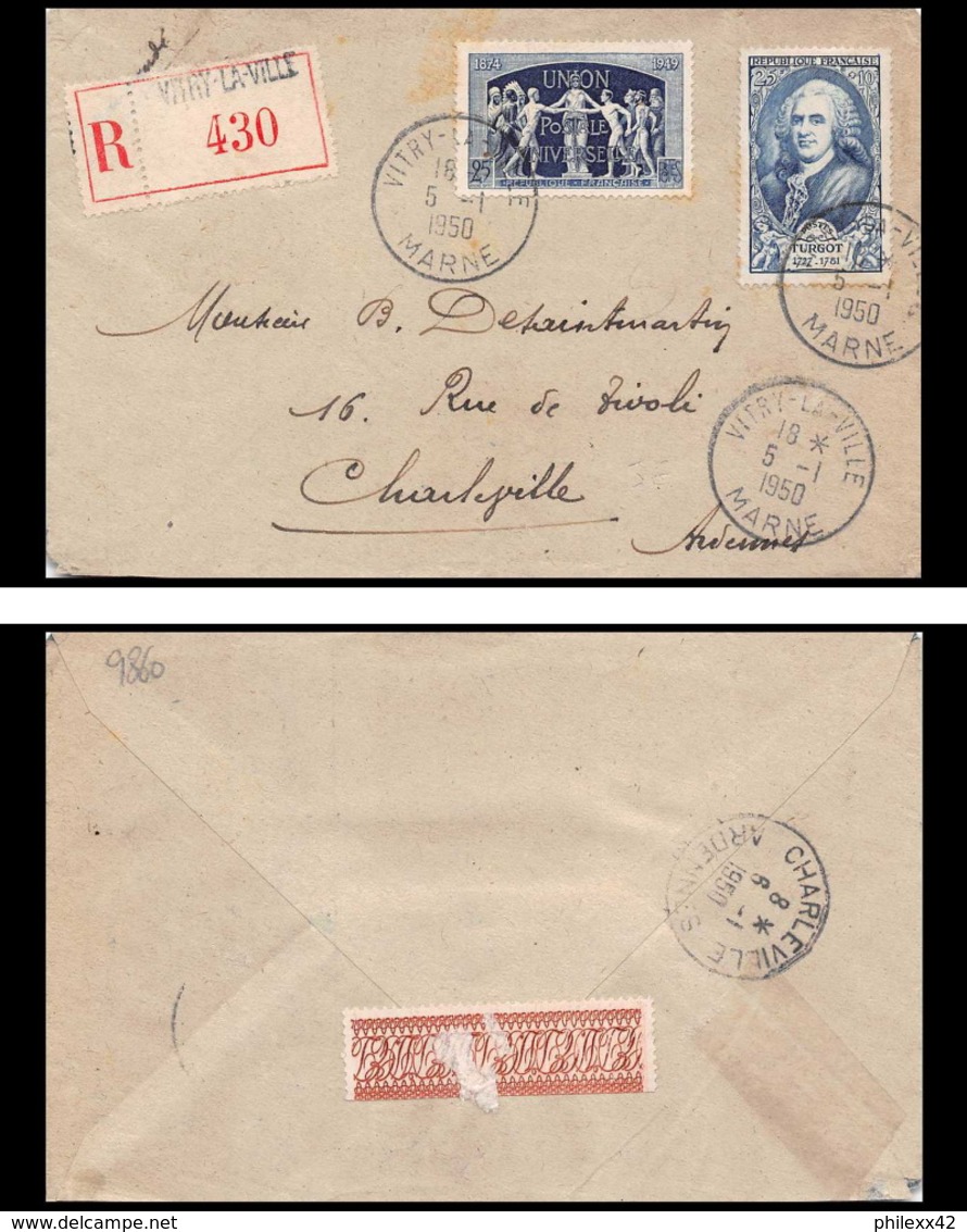 9860 N°858 Turgot 852 Upu 1950 Vitry-la-Ville Marne Charleville Ardennes France Lettre Recommande Cover - 1921-1960: Période Moderne