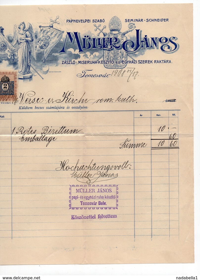 1908 ROMANIA, TIMIȘOARA, MULLER JANOS, INVOICE ON COMPANY LETTERHEAD, 1 FISKAL STAMP - Other & Unclassified