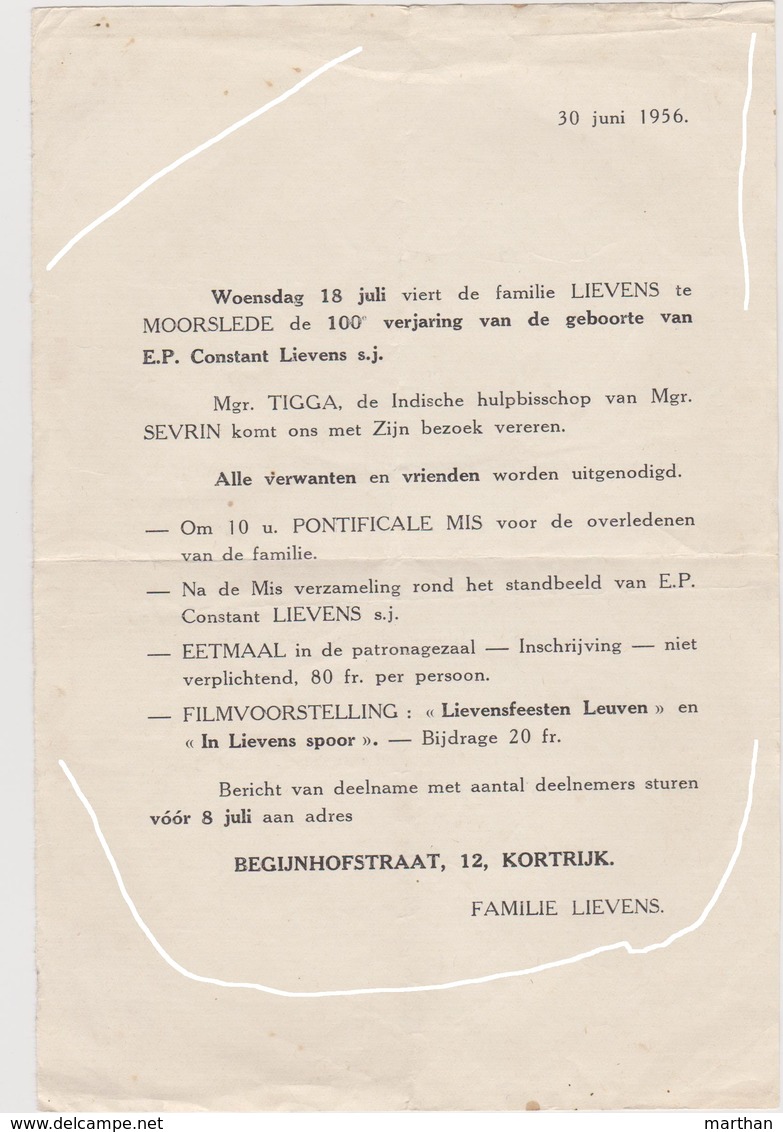 AANKONDIGING 100ste VERJARING VAN DE GEBOORTE VAN E.P. CONSTANT LIEVENS (flyer) 30 JUNI 1956 MOORSLEDE - Autres & Non Classés