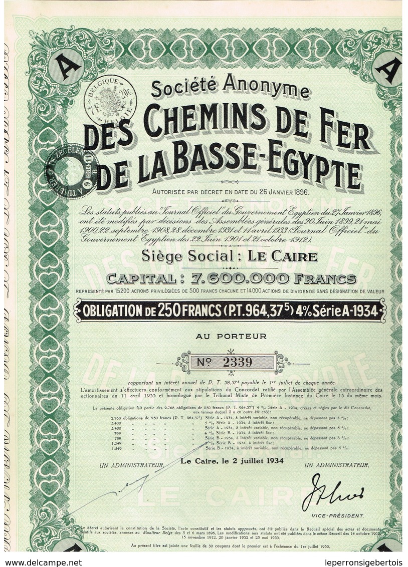 Titre Ancien Société Anonyme Des Chemins De Fer De La Basse Egypte - Obligation De 250 Francs - Titre De1934 - Railway & Tramway