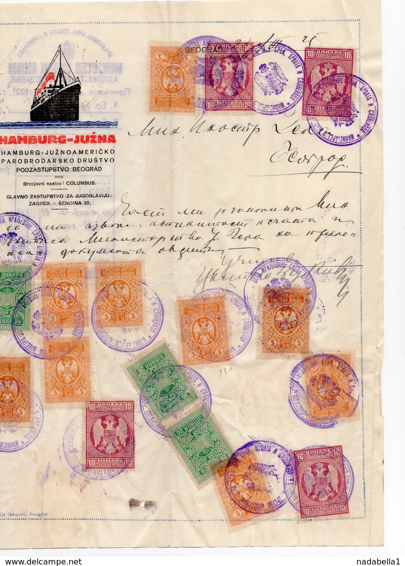 1925 YUGOSLAVIA, SERBIA, ZAGREB, BELGRADE, HAMBURG- SOUTH AMERICA, INVOICE ON COMPANY LETTERHEAD, 16 FISKAL STAMPS, SHIP - Autres & Non Classés