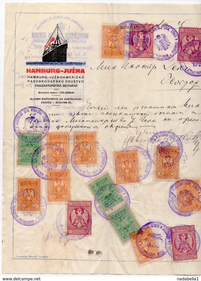 1925 YUGOSLAVIA, SERBIA, ZAGREB, BELGRADE, HAMBURG- SOUTH AMERICA, INVOICE ON COMPANY LETTERHEAD, 16 FISKAL STAMPS, SHIP - Autres & Non Classés