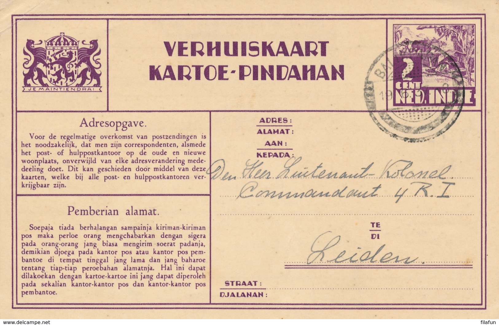 Nederlands Indië - 1937 - 2 Cent Verhuiskaart G9b Van PV1 BALIKPAPAN Naar Leiden / Nederland - Nederlands-Indië