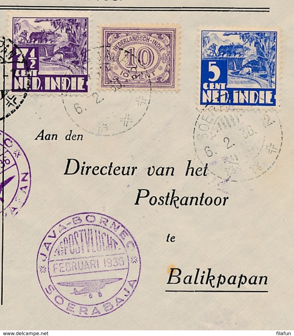 Nederlands Indië - 1936 - 5 Zegels Op 1e Vlucht Van Soerabaja Naar Balikpapan En Terug - Speciale Envelop - Nederlands-Indië