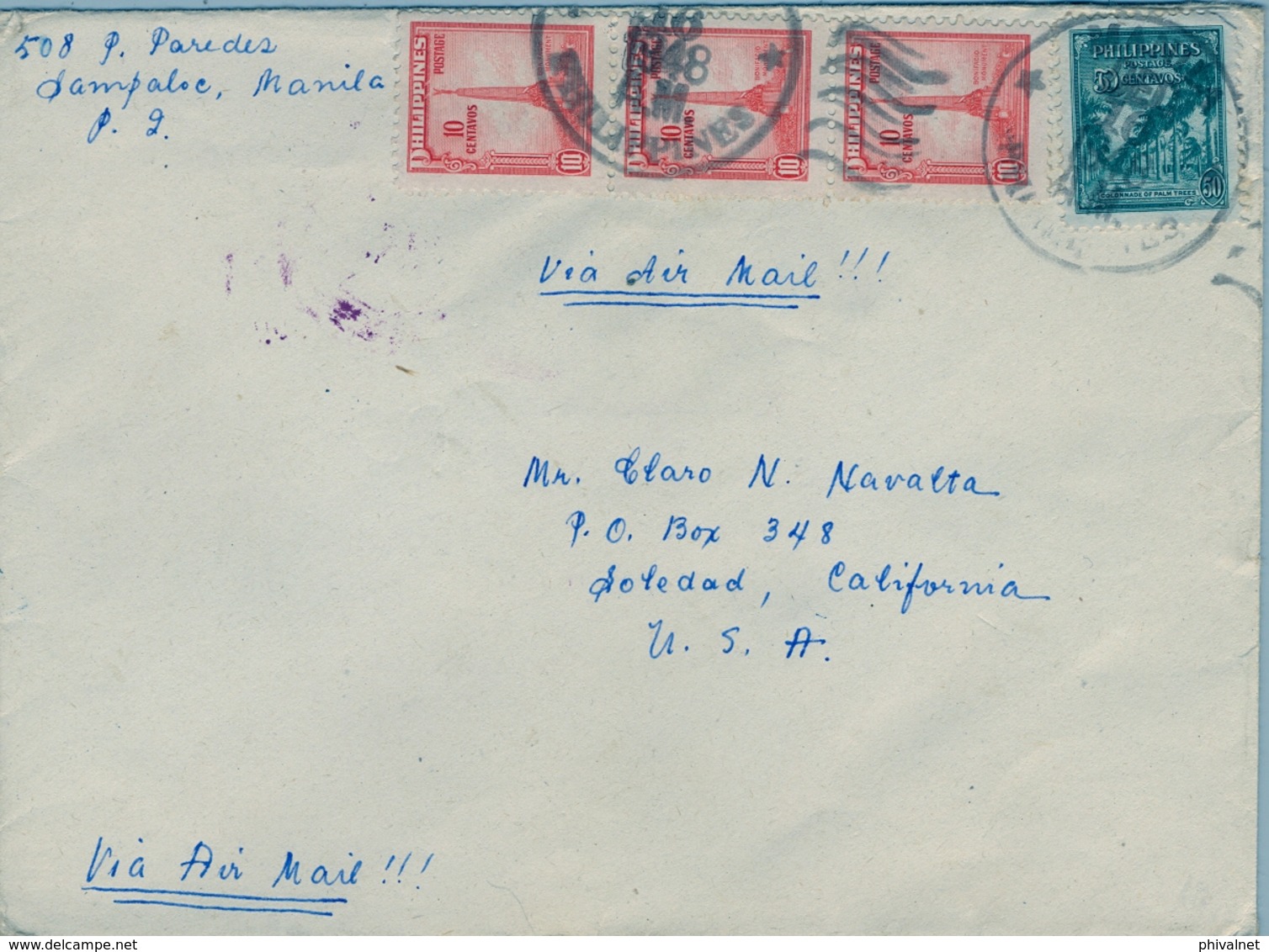 1948 , FILIPINAS / PHILIPPINES , SOBRE CIRCULADO , MANILA - SOLEDAD ( CALIFORNIA ), CORREO AÉREO - Filipinas