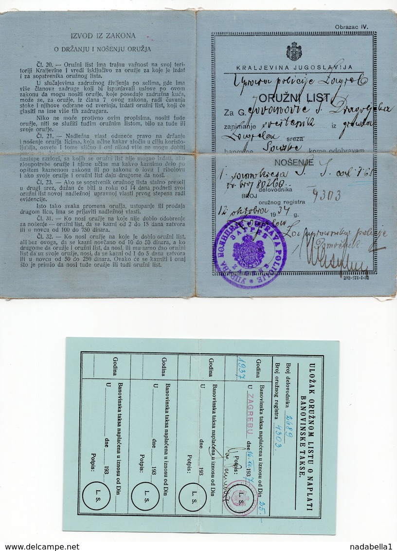 1934 YUGOSLAVIA, CROATIA, ZAGREB, GUN PERMIT, ISSUED BY ZAGREB POLICE, 2 FISKAL STAMPS - Historical Documents