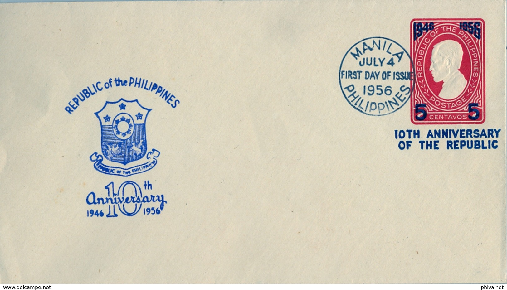 1956 FILIPINAS / PHILIPPINES , ENTERO POSTAL NO CIRCULADO , 10TH. ANNIVERSARY OF THE REPUBLIC - Filipinas