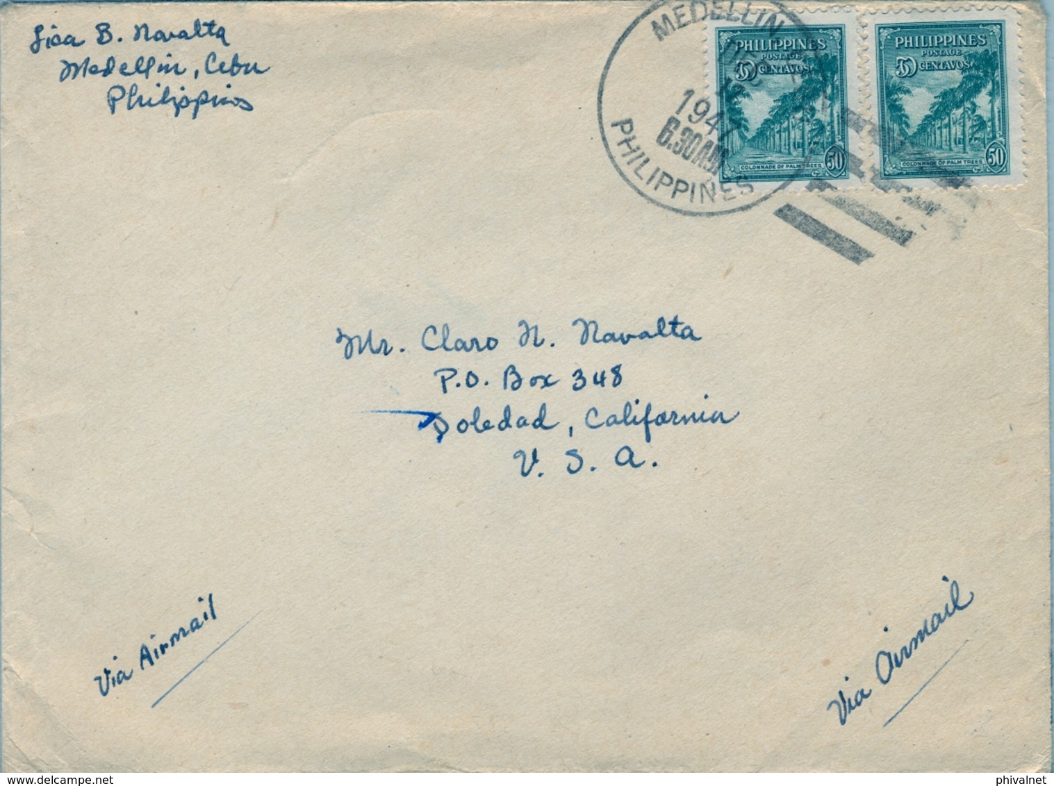 1947 FILIPINAS / PHILIPPINES , SOBRE CIRCULADO , MEDELLIN - SOLEDAD ( CALIFORNIA ) , CORREO AÉREO - Filipinas