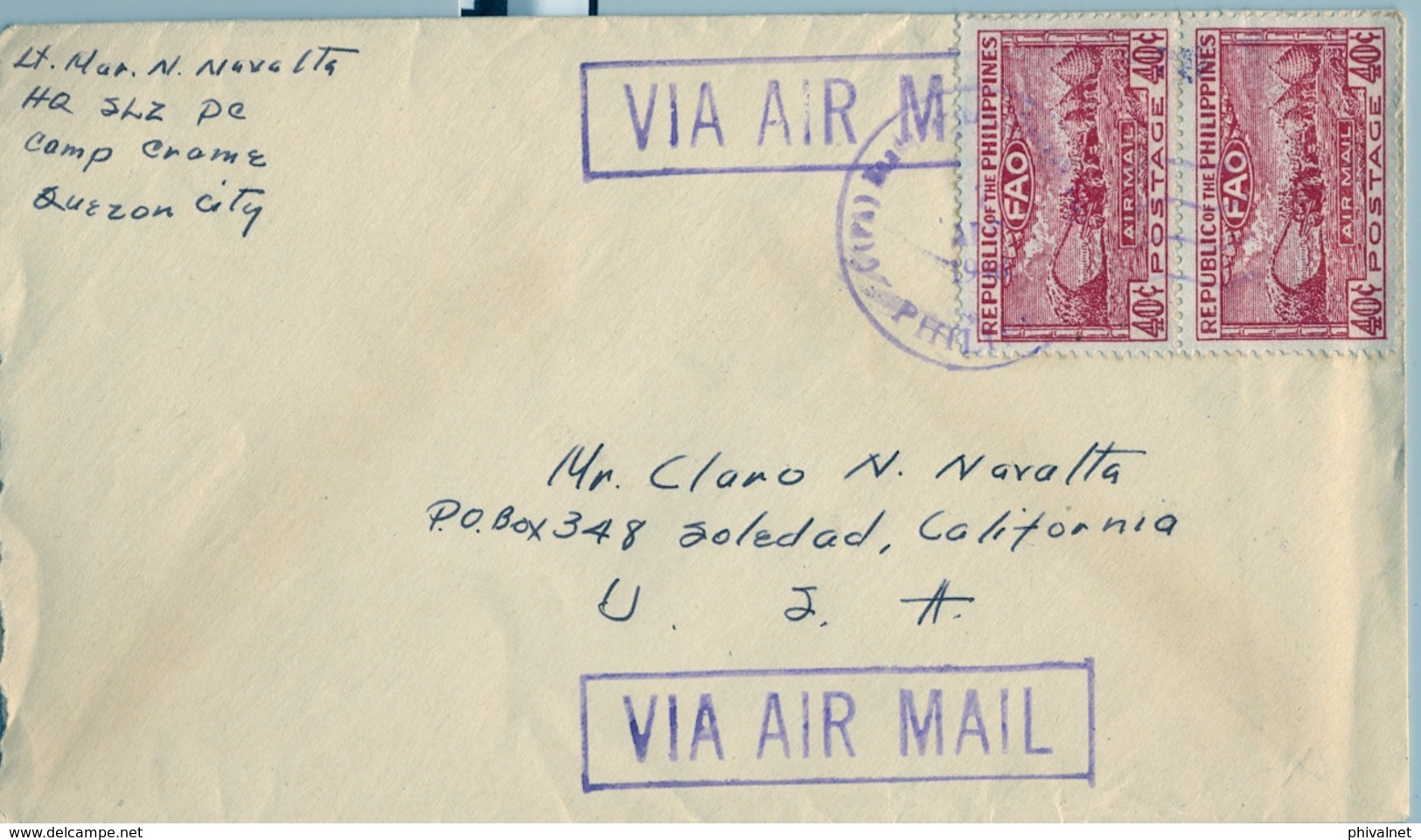 1948 FILIPINAS / PHILIPPINES , SOBRE CIRCULADO, QUEZÓN CITY - SOLEDAD ( CALIFORNIA ) , FAO - Filipinas