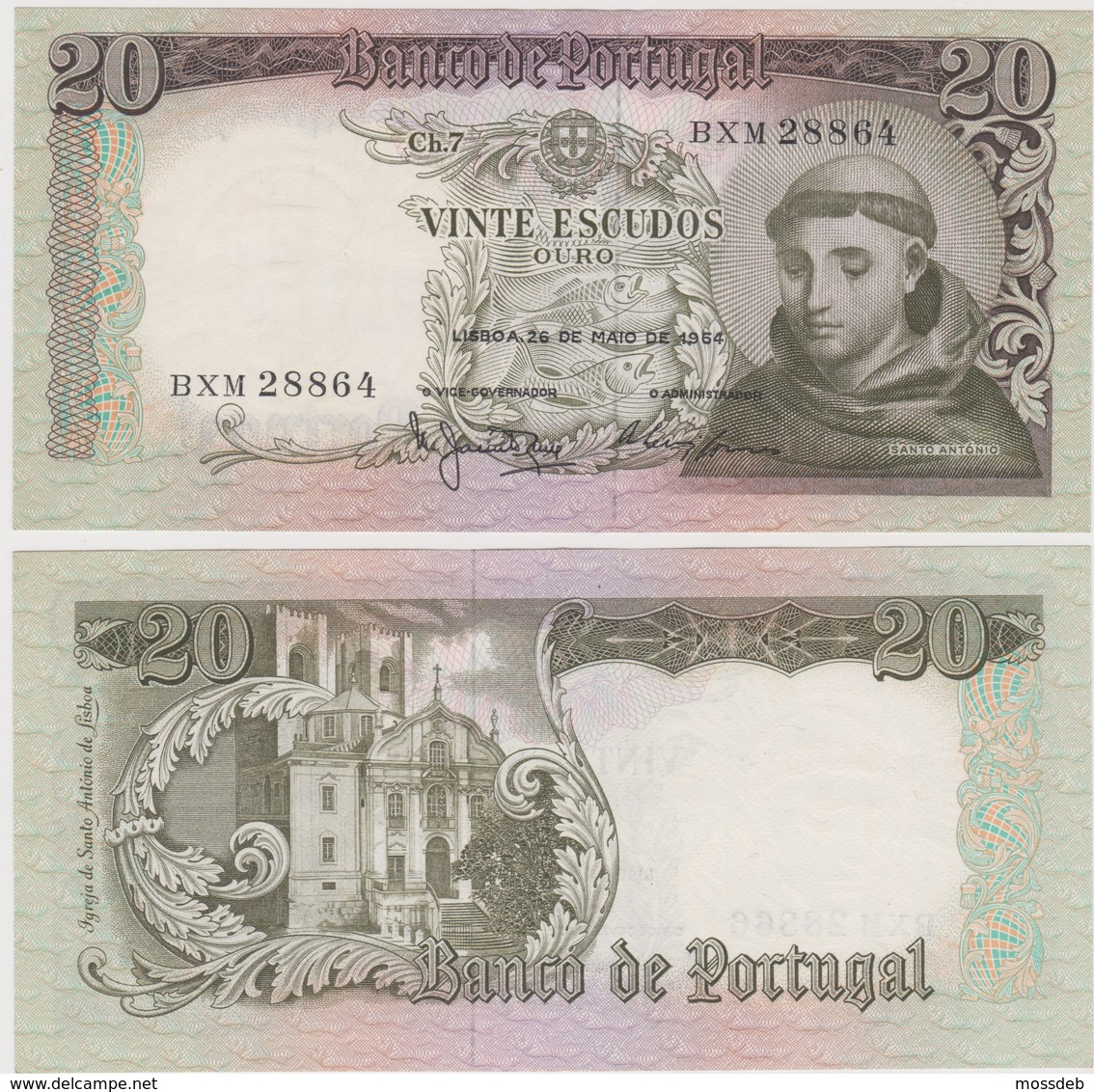 PORTUGAL 20 ESCUDOS - 20$00 ESCUDOS - SANTO ANTÓNIO  - Ch. 7 - 26-05-1964 - Portugal
