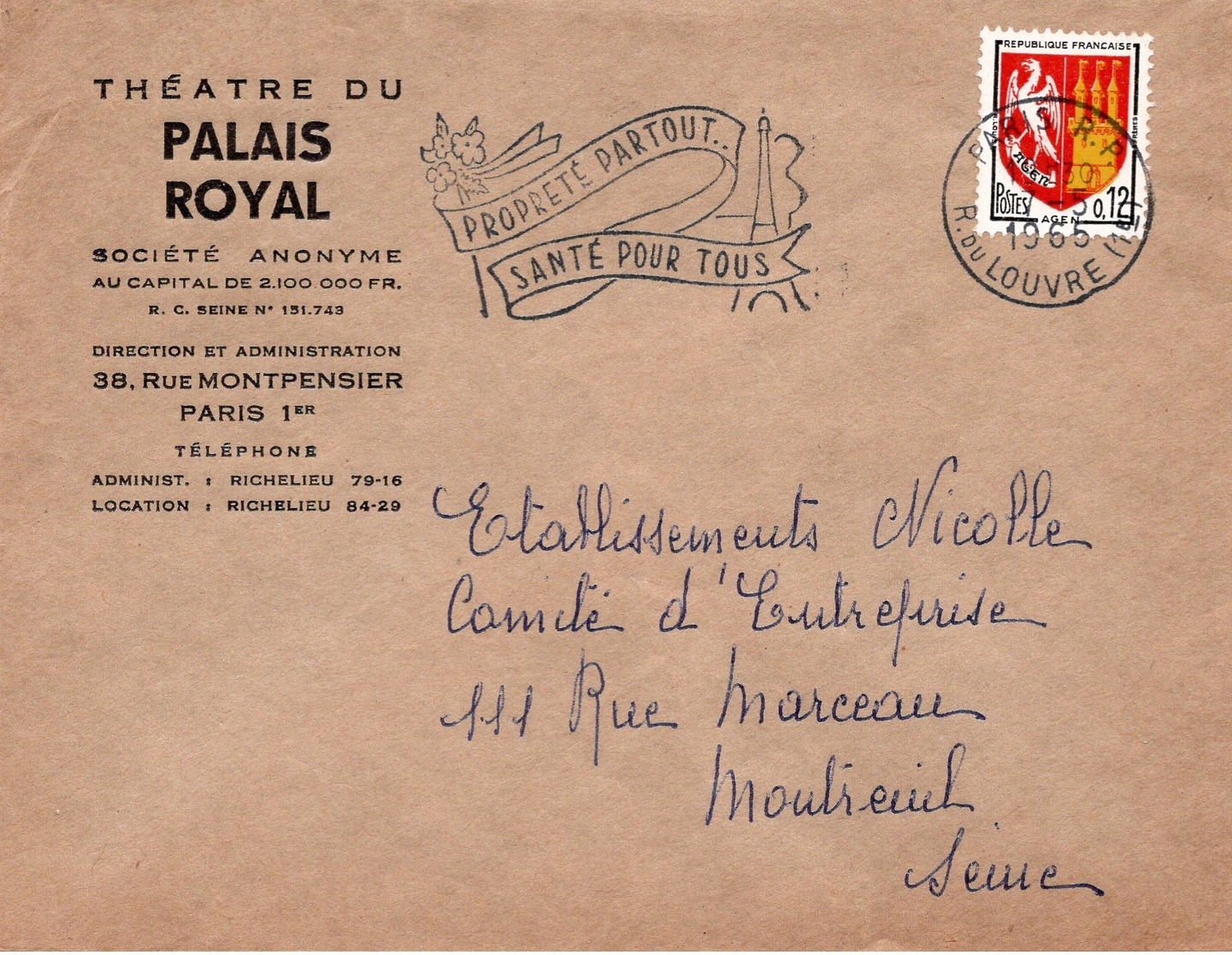 LSC 1965 - Entête THEATRE DU PALAIS ROYAL - Flamme Et Cachet Paris Sur YT 1353A - 1961-....