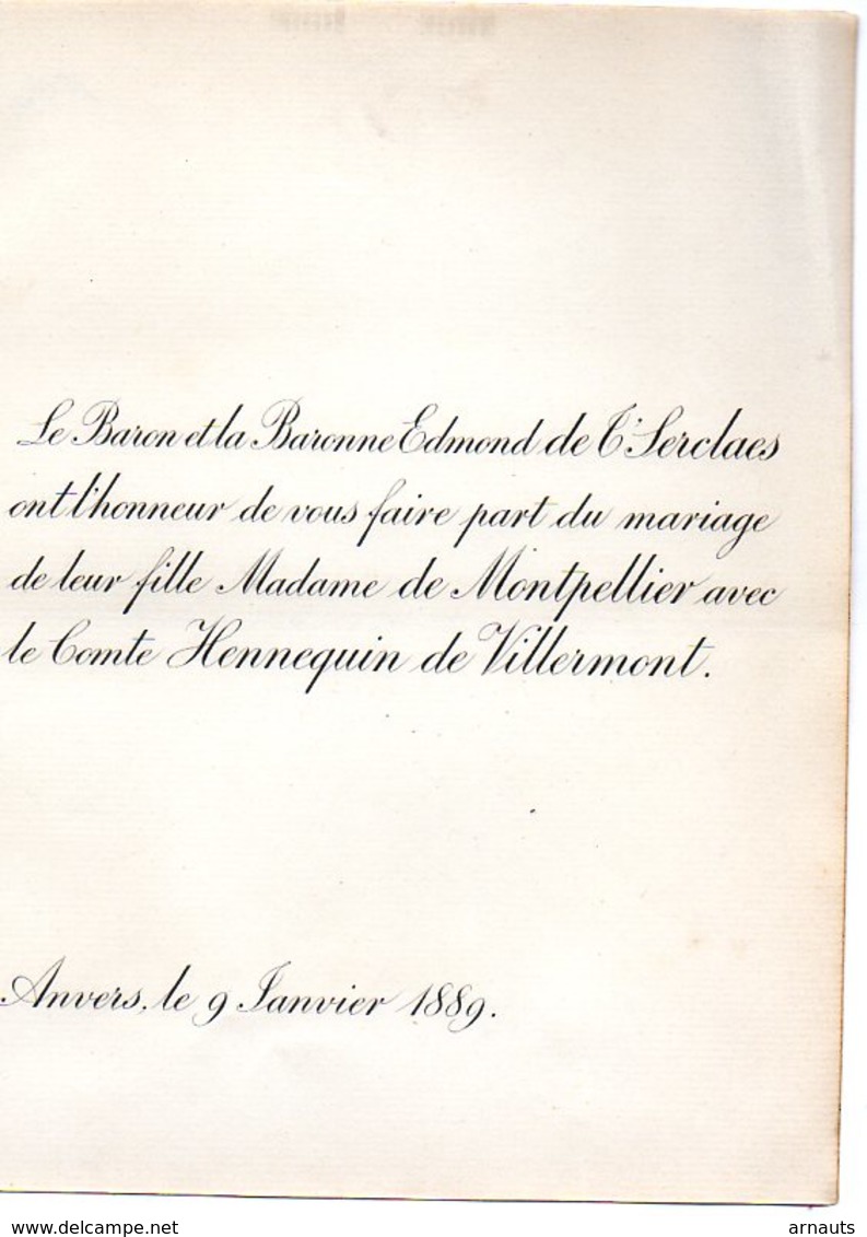 Mariage 1889 De Montpellier & Comte Hennequin De Villermont Anvers 1 Feuille Edmond De T'Serclaes - Mariage