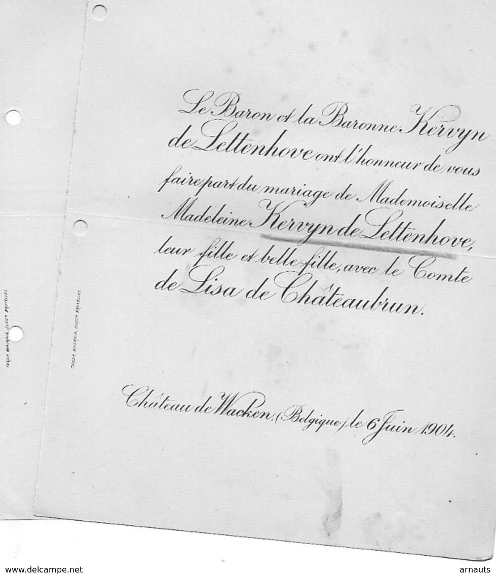 Mariage 1904 Madeleine Kervyn De Lettenhove & Comte De Lisa De Châteaubrun Château De Wakken Dentergem Noironte Doubs - Mariage