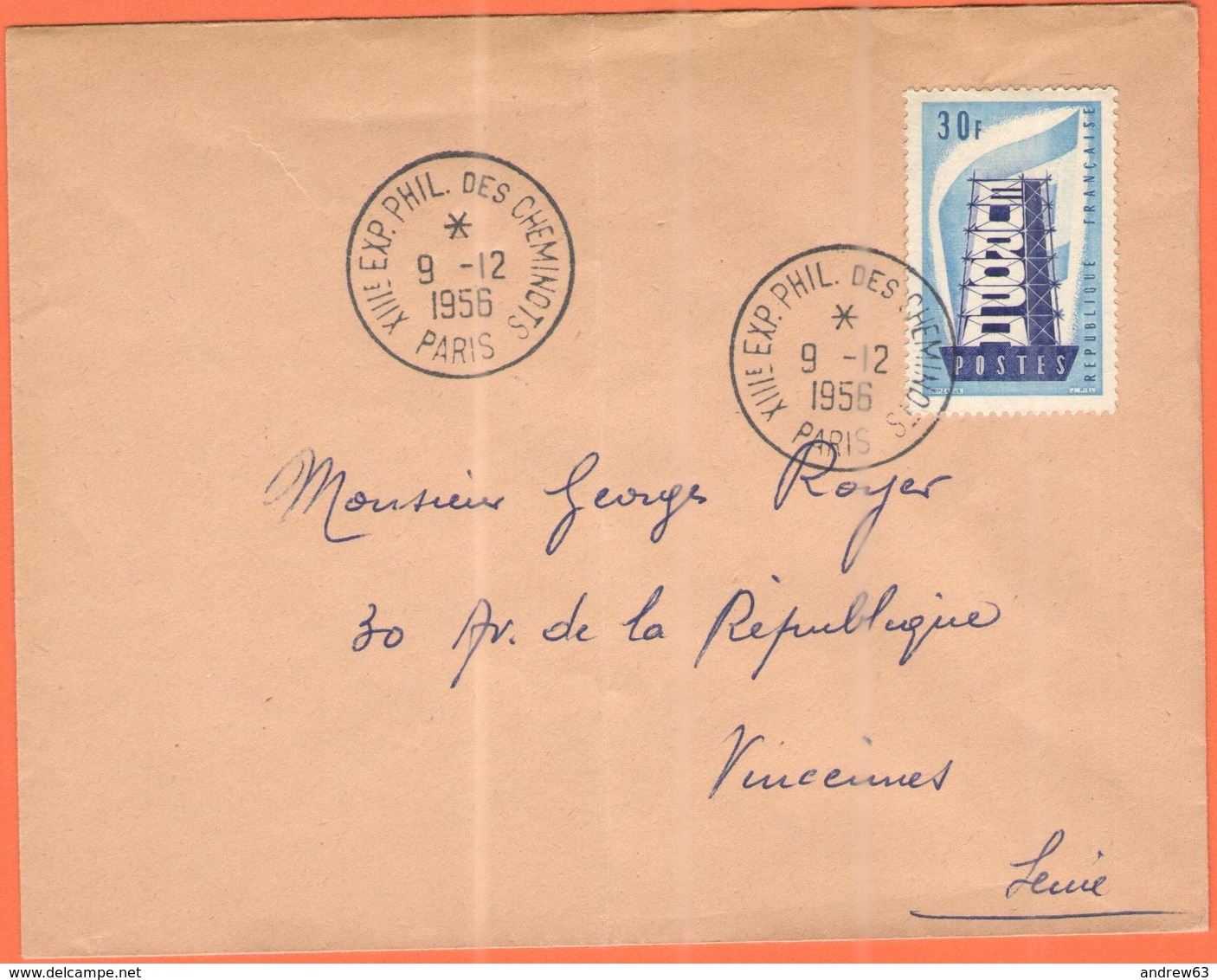 FRANCIA - France - 1956 - 30F Europa Cept + Special Cancel XXIIIeme Exposition Philatélique Des Cheminots - Viaggiata Da - Storia Postale