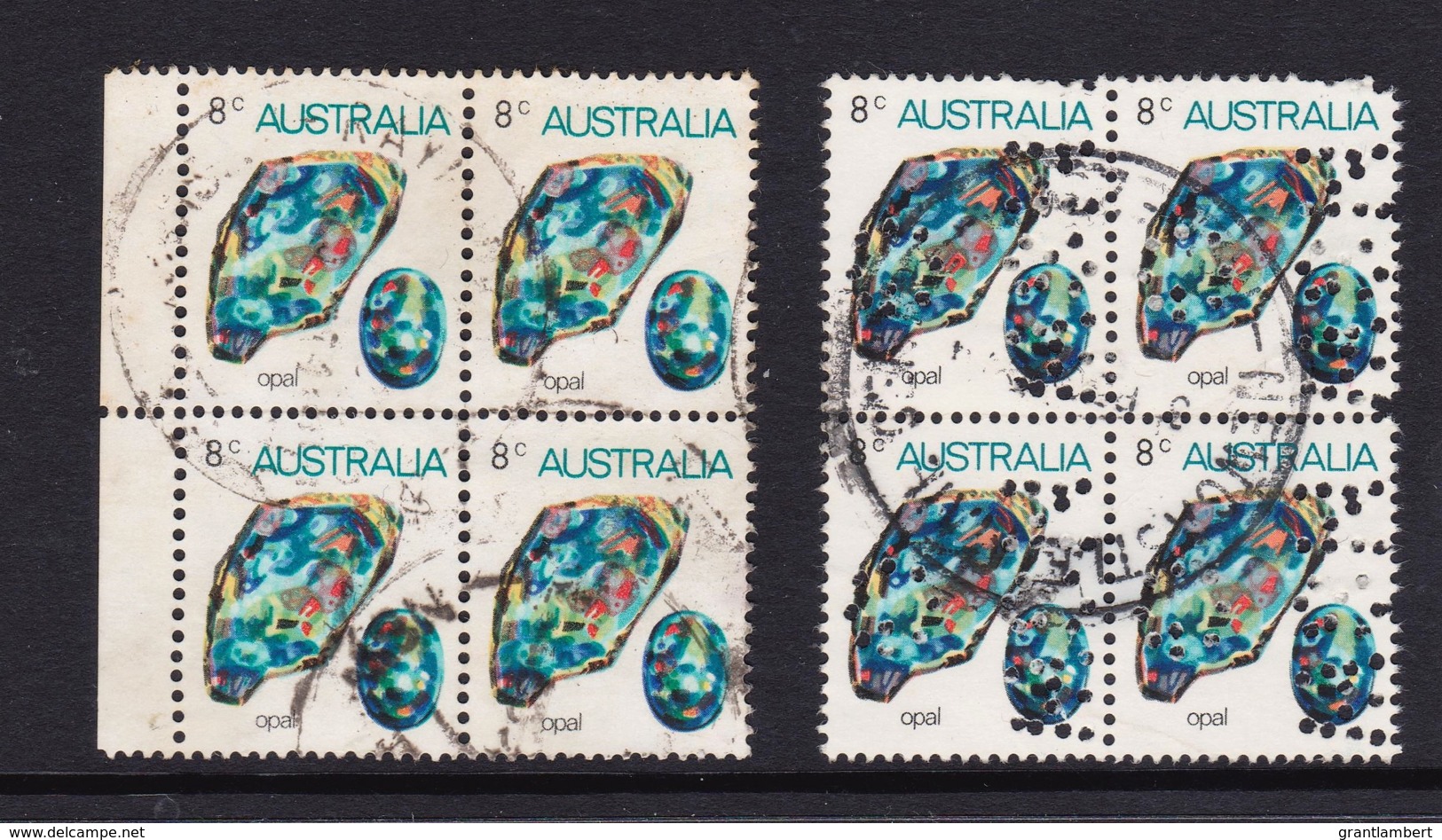 Australia 1973 Gemstones 8c Opal - Normal And Perf G NSW - Blocks Of 4 Used - Usados