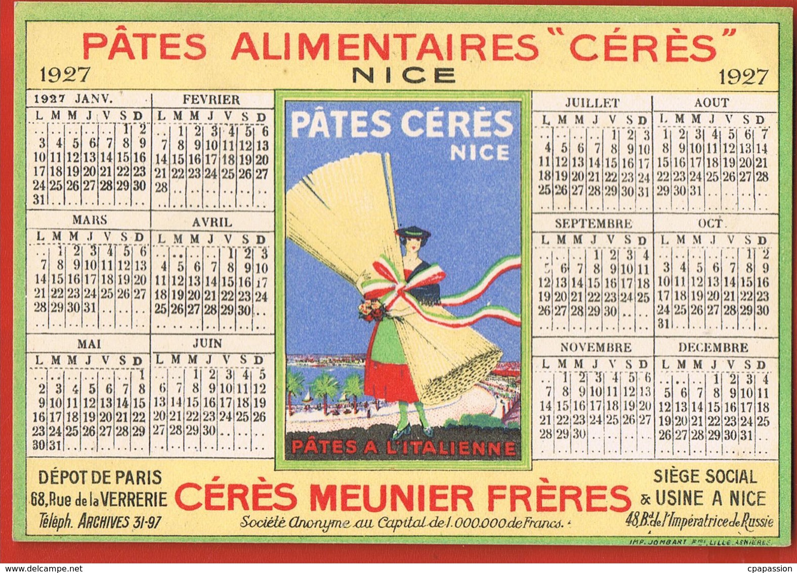 Nice - Pates Alimentaires CERES- CERES MEUNIER Frères- Calendrier 1927 - Recto Verso -Paypal Sans Frais - Straßenhandel Und Kleingewerbe