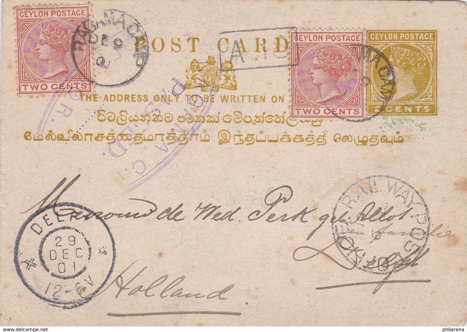 1901: Ceylon Post Card To Netherlands - Autres & Non Classés