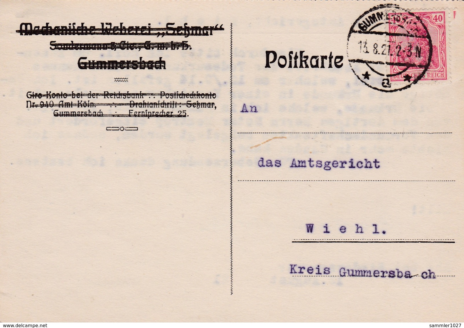 Karte Aus Gummersbach 1921 - Storia Postale