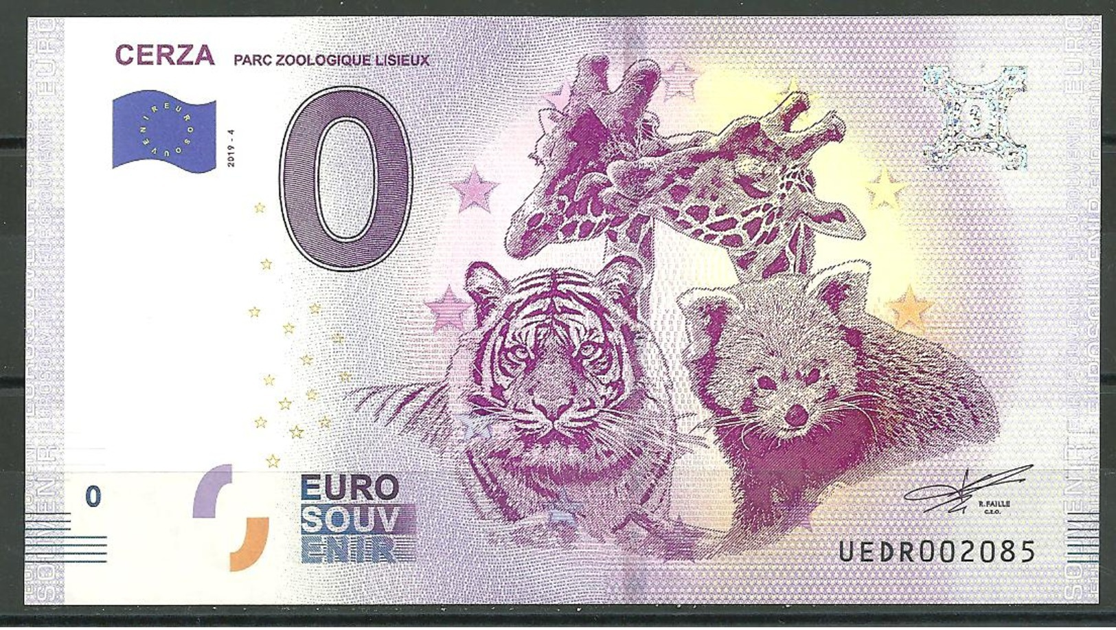 Billet Touristique 0 Euro 2019-4  CERZA  ZOO Tigre , 2 Giraffes - Essais, Piéforts, épreuves & Flans Brunis