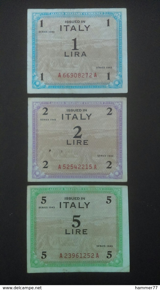 Italy Allied Occupation WW II   Issue Bank Notes 1, 2 And 5 Lira Dated 1943. - Allied Occupation WWII