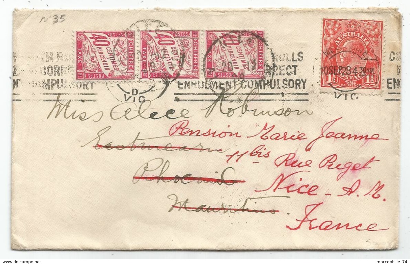 TAXE 40C ROSE BANDE DE 3 NICE 1928 LETTRE COVER AUSTRALIA  1 1/2C SOLO TO  MAURITIUS REEXPEDIEE A NICE FRANCE - 1859-1959 Lettres & Documents