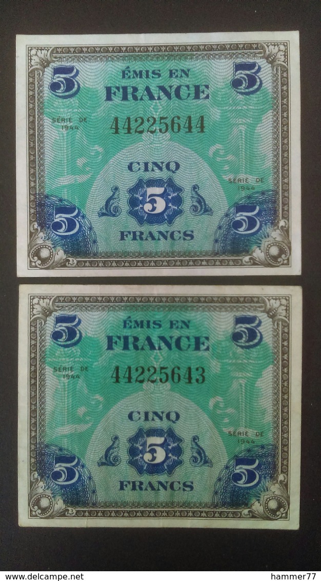 France WWII 2 X Consecutive 5 Franc Bank Notes 1944 - 1944 Flag/France