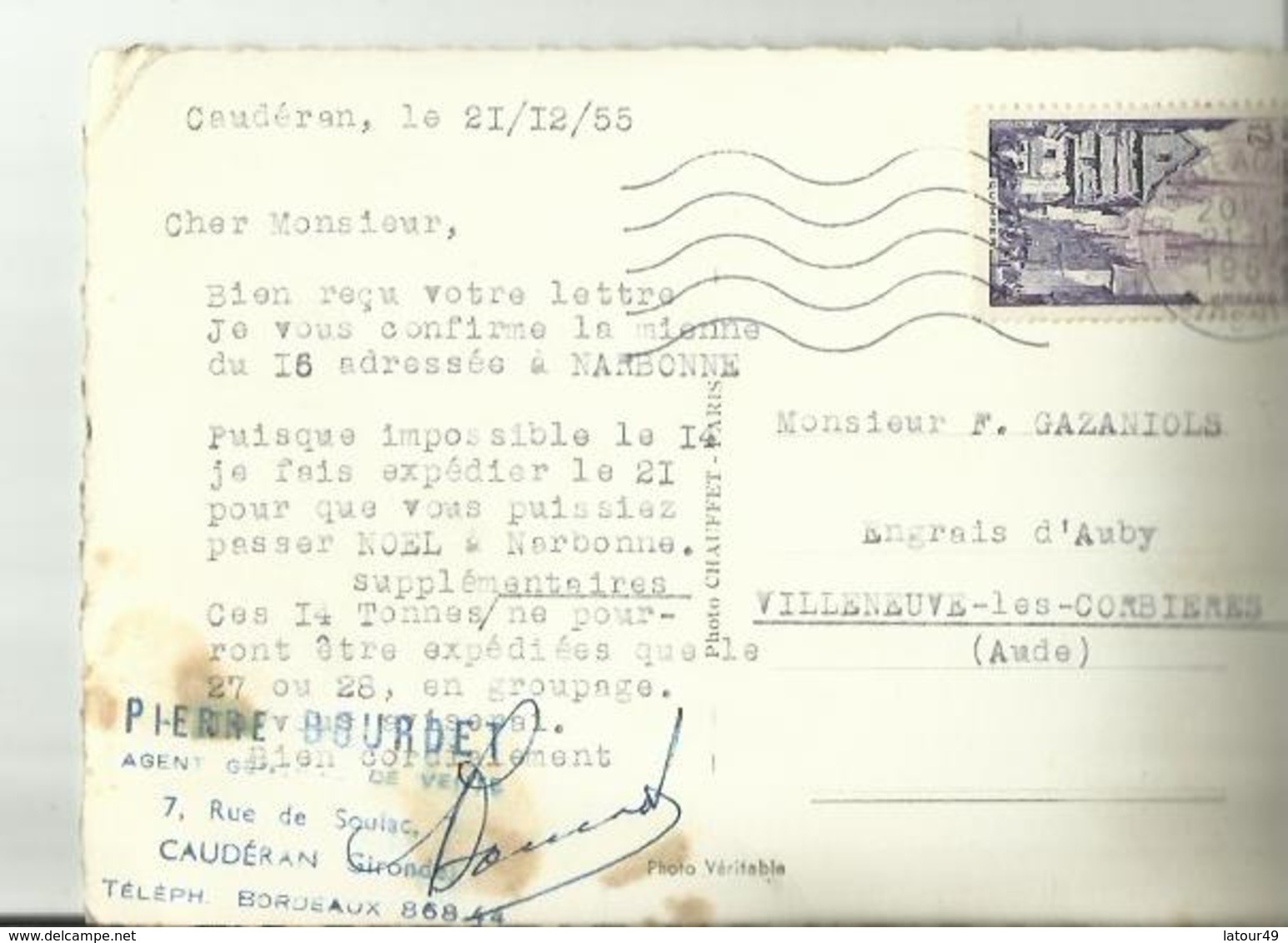 ANGRAIS D AUBY  VUE AERIENNE DE L USINE  DE FEUCHY EXPEDIER PAR PIERRE BOURDE AGENT DE VENTE  CAUDERAN EN GIRONDE 1955 - Auby